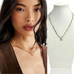 Free People Tai Handmade Beaded Necklace Horseshoe Charm Gold Plated Brass NEW